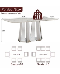 Streamdale Furniture Marble Dining Table for 6 People, 70" Faux Marble & Stainless Steel Base Silver, White