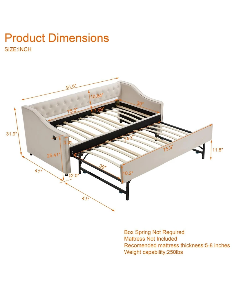 Streamdale Furniture Twin Upholstered Daybed with Trundle, Usb, Pockets, Velvet