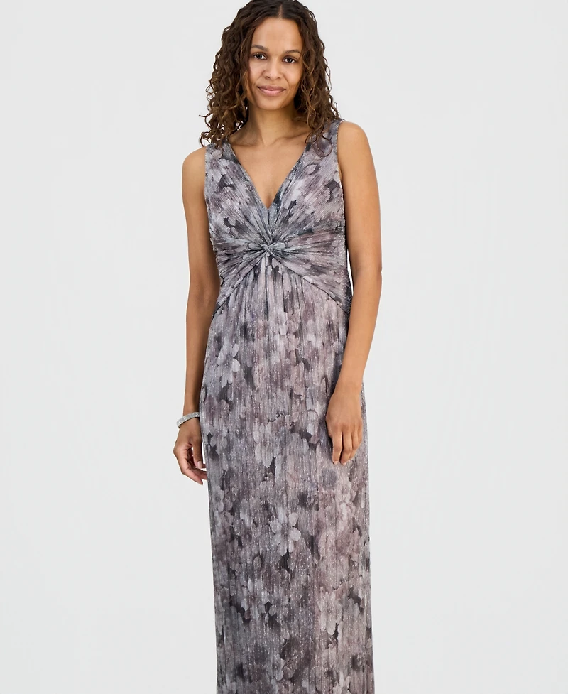 Connected Petite Metallic V-Neck Twist-Front Dress