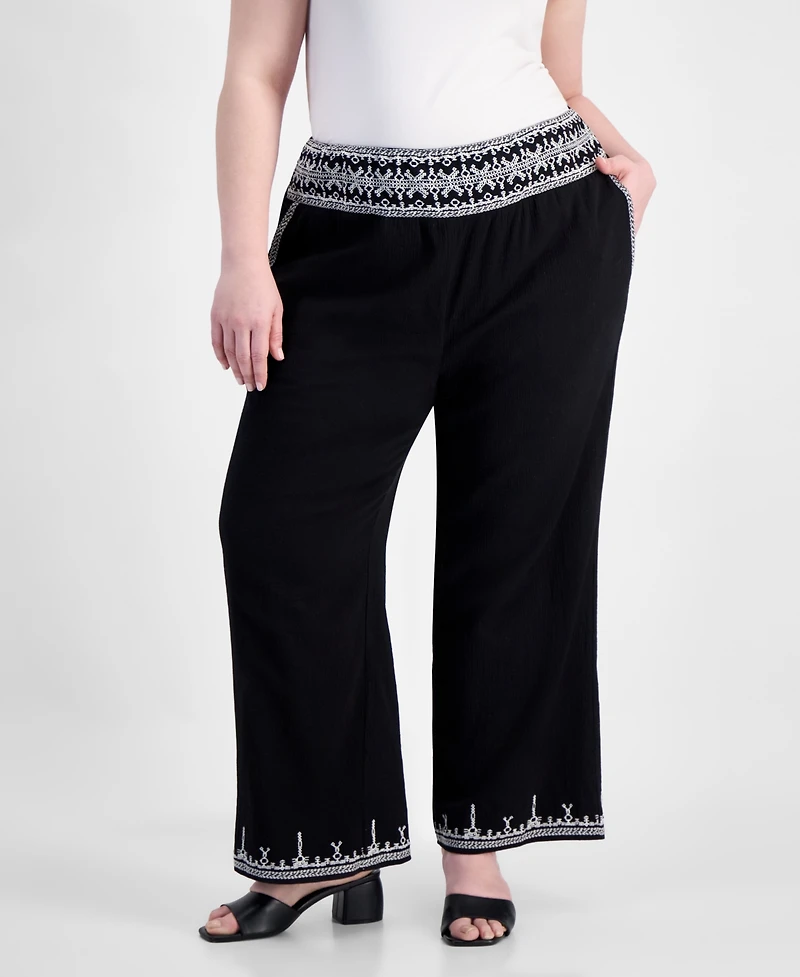 And Now This Trendy Plus Embroidered Cotton Wide Leg Pants, Macy's Exclusive