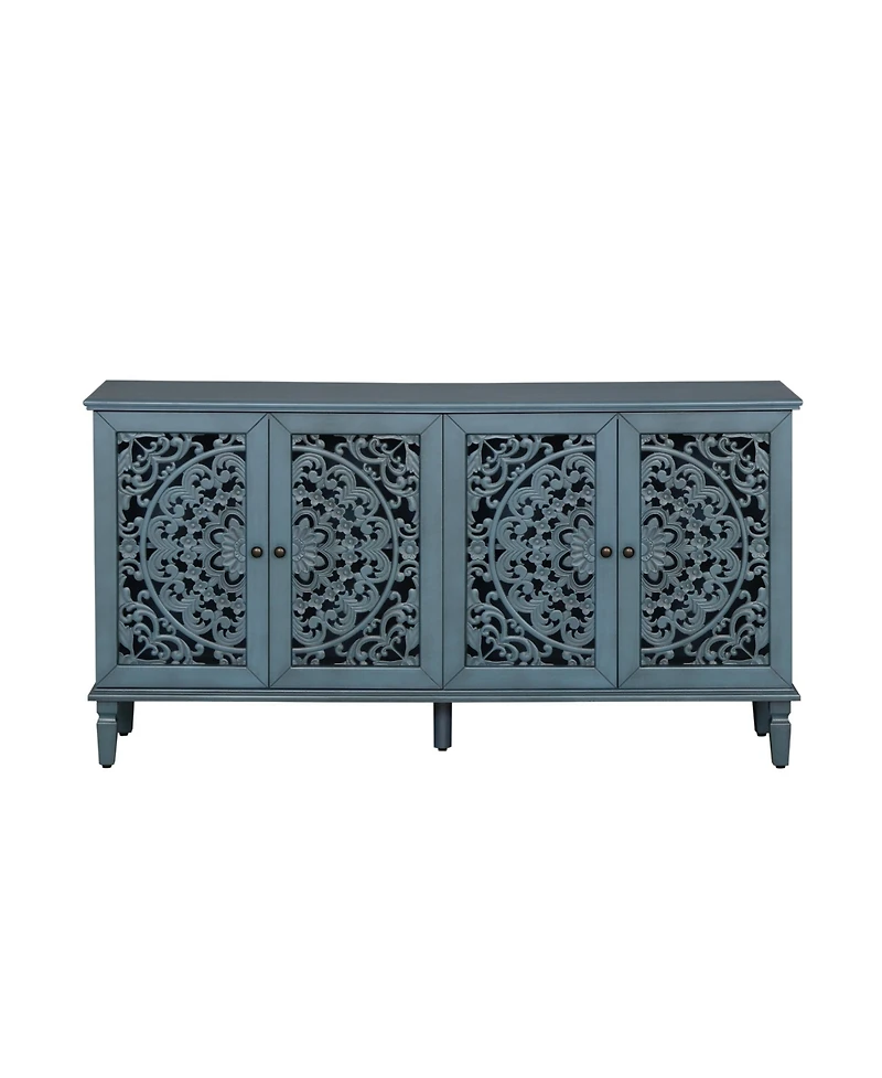 Streamdale 60" Antique Blue Buffet Cabinet - Floral Carvings, Solid Wood Legs