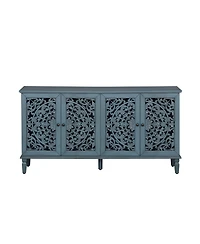 Streamdale 60" Antique Blue Buffet Cabinet - Floral Carvings, Solid Wood Legs