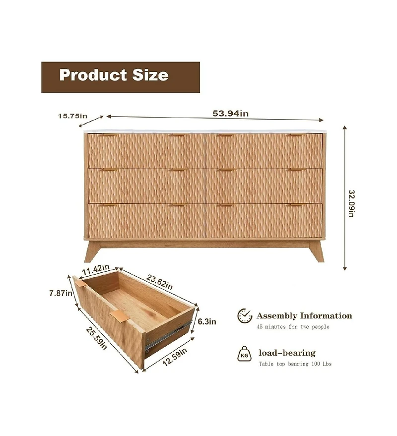 gaomon 54Inch Modern Chest of Drawers,6 Drawers Dresser with Faux Marble Top,Curved Profile Design Wood Drawer Organizer, Freestanding Storage Cabinet