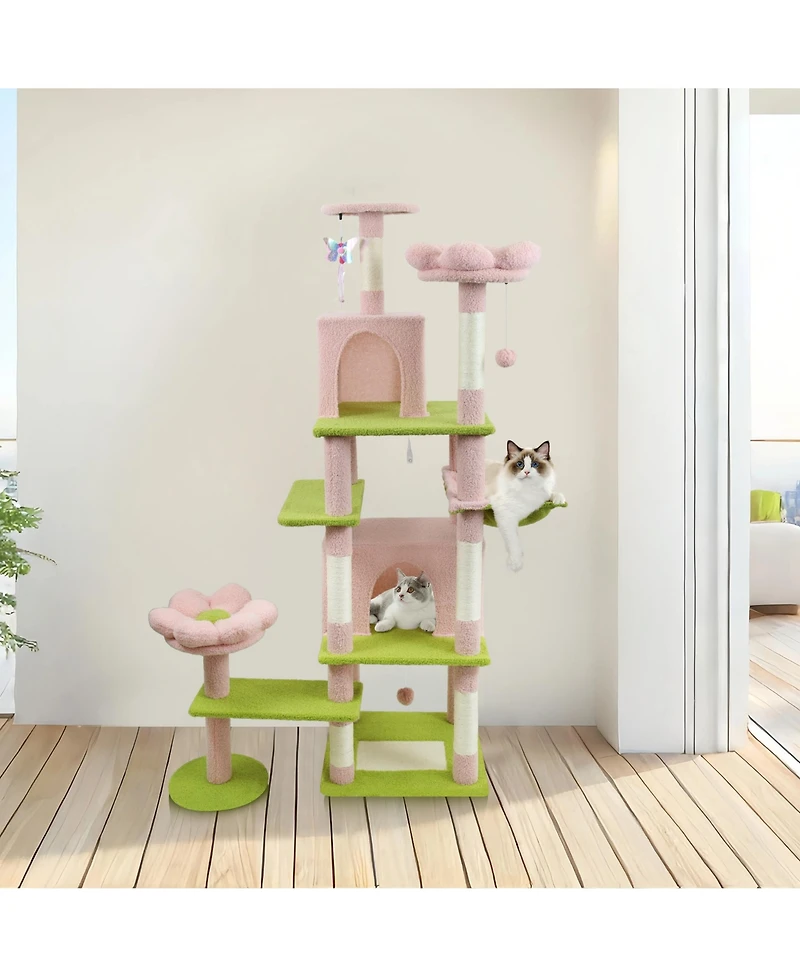 Zeus & Ruta 71 Pink Flower Cat Tree Large Condo Removable Cushion Hammock