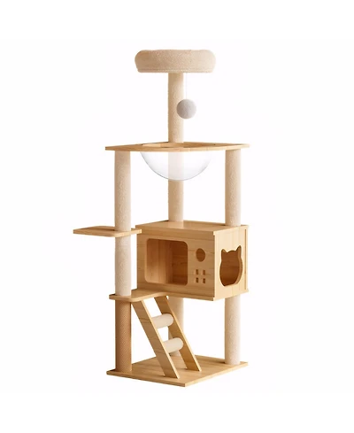 Zeus & Ruta 48.8 Modern Cat Tree Wood Tower Sisal Scratching Posts Top Perch Acrylic Hammock
