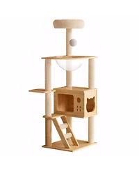 Zeus & Ruta 48.8 Modern Cat Tree Wood Tower Sisal Scratching Posts Top Perch Acrylic Hammock