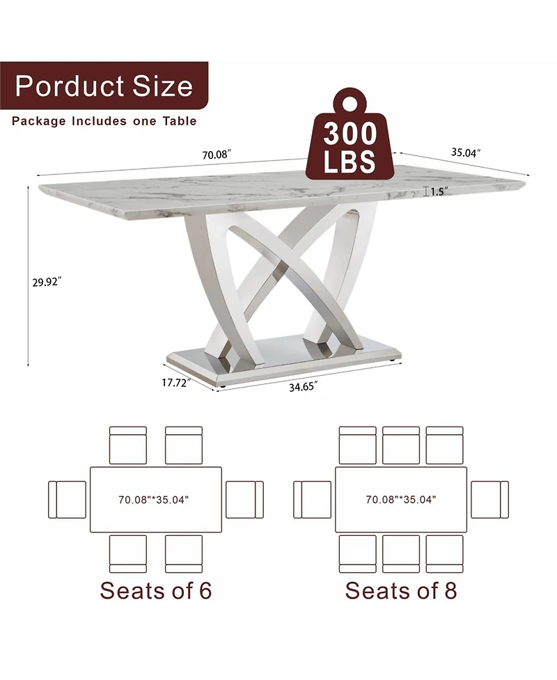 Streamdale Furniture Marble Dining Table for 6, 70" Rectangle Faux Marble Table with Stainless Steel Base.