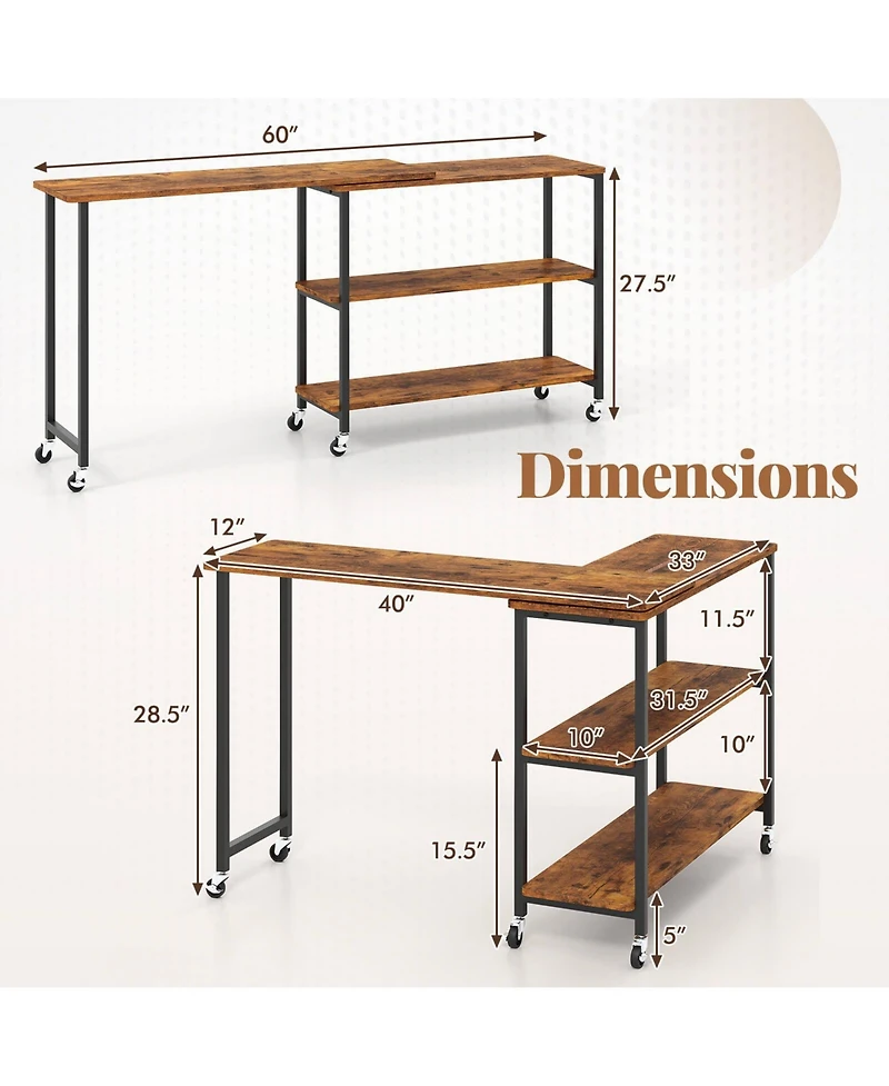 Costway 360° Rotation Mobile Laptop Table with 2-Tier Storage Shelves & 6 Universal Wheels