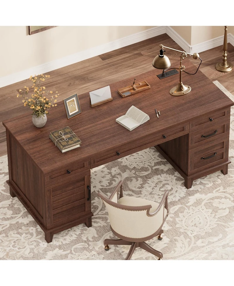 Gaomon 60" Farmhouse Executive Desk with File Drawers, Charging Station, Cabinet Storage, Home Office Computer Writing