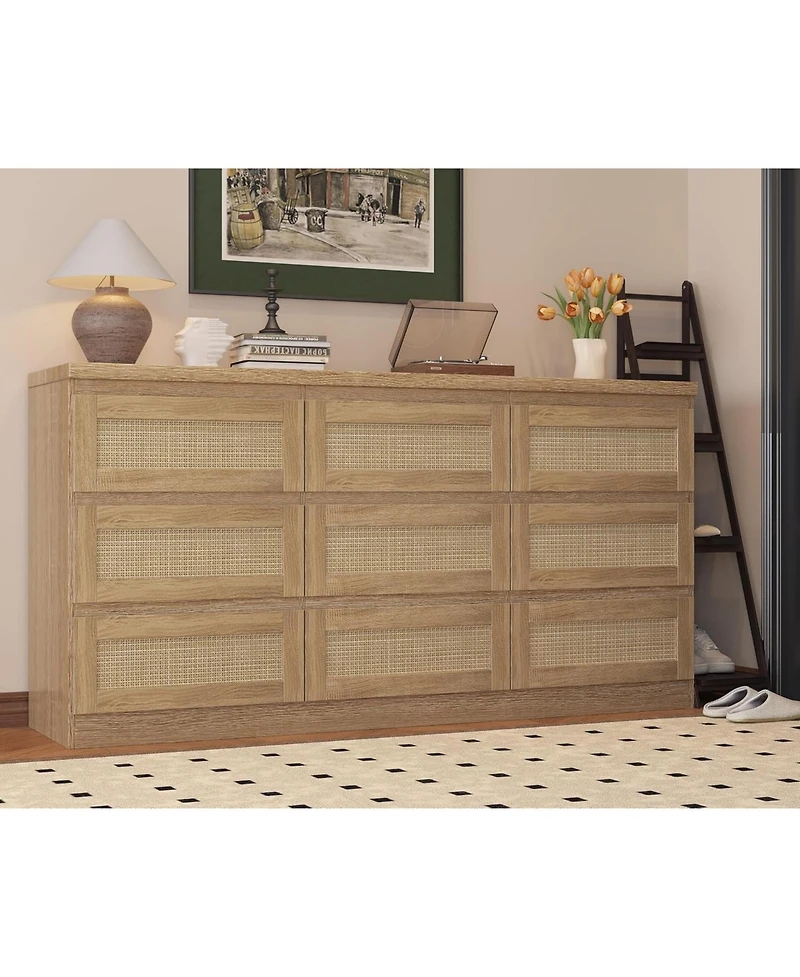Gaomon Rattan 9 Drawer Dresser with Charging Station