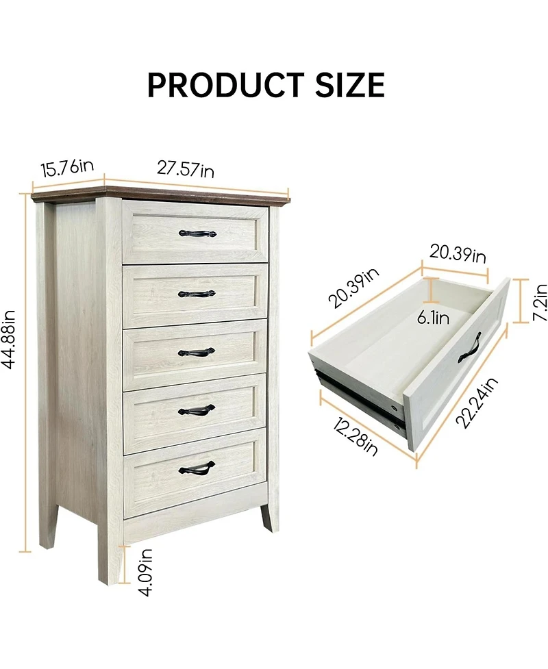 gaomon Farmhouse 5-Drawer Tall Yellow Dresser, Wooden Storage Chest for Bedroom, Living Room, Hallway