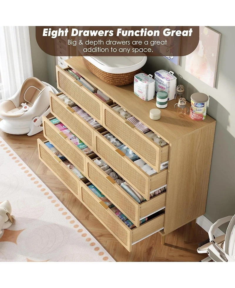 Gaomon Rattan 8 Drawer Dressers for Bedroom, Tall Dresser with Deep Drawers, Large Chest of Drawers for Closet with Wide Top