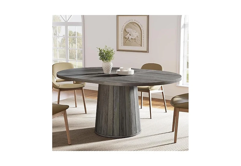 Tribesigns Oval Dining Table for 6 People, 55.11-Inch Farmhouse Kitchen Dinner Table with Cylindrical Pedestal (Grey)