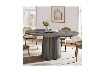 Tribesigns Oval Dining Table for 6 People, 55.11-Inch Farmhouse Kitchen Dinner Table with Cylindrical Pedestal (Grey)