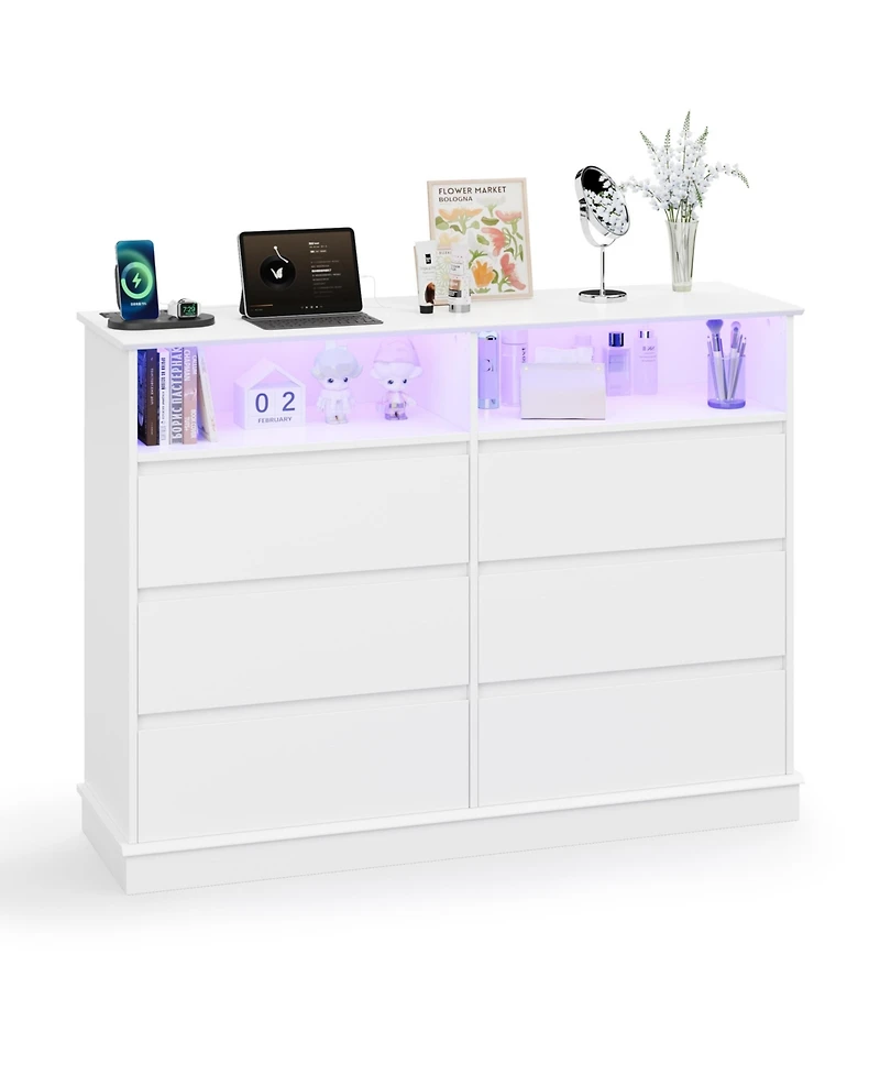 Gaomon Dresser for Bedroom with 6 Drawers, Modern Chest Featuring Led Lights and Charging Station, Spacious Storage Cabinet