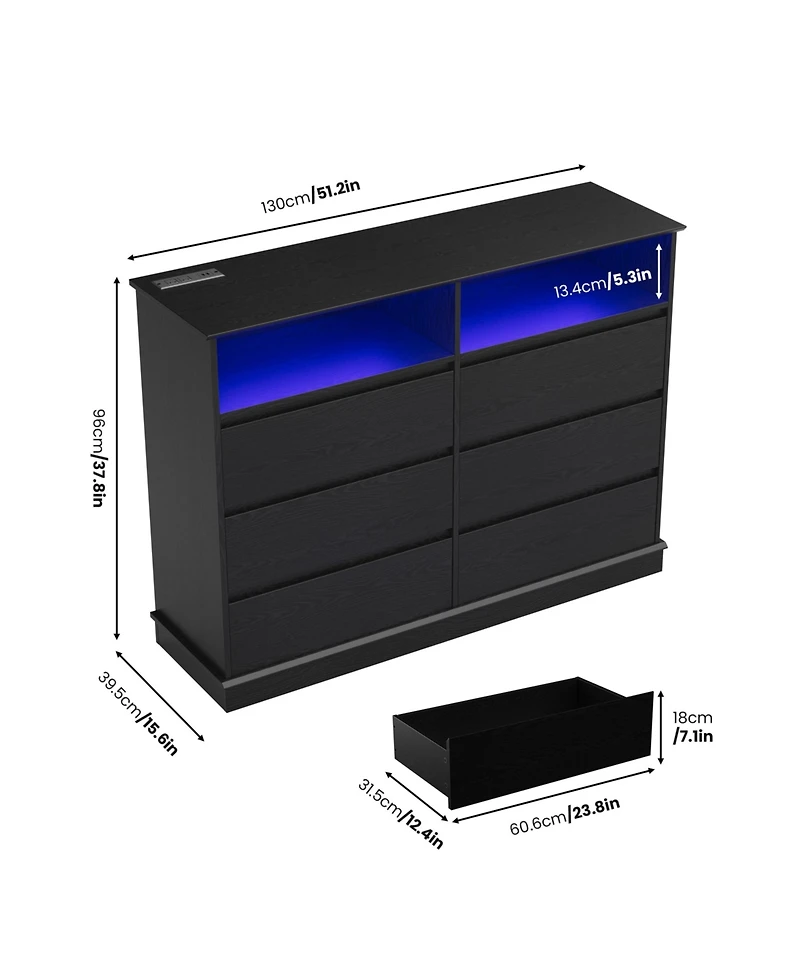 Gaomon Dresser for Bedroom with 6 Drawers, Modern Chest Featuring Led Lights and Charging Station, Spacious Storage Cabinet