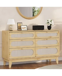 Gaomon Rattan 6-Drawer Bedroom Dresser, Oak Storage Chest with Deep Drawers, Modern Organizer for Bedroom Living Room Entryway Hallway