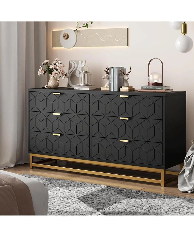 gaomon Modern 6-Drawer Bedroom Dresser with Large Storage and Gold Metal Accents for Entryway, Living Room or Closet