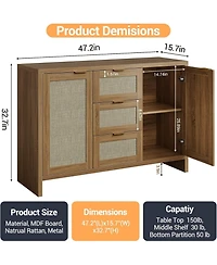 gaomon 47.2-Inch Rattan Buffet Sideboard Cabinet, Boho Credenza with Drawers & Doors, Wooden Coffee Bar Storage for Entryway or Living Room"