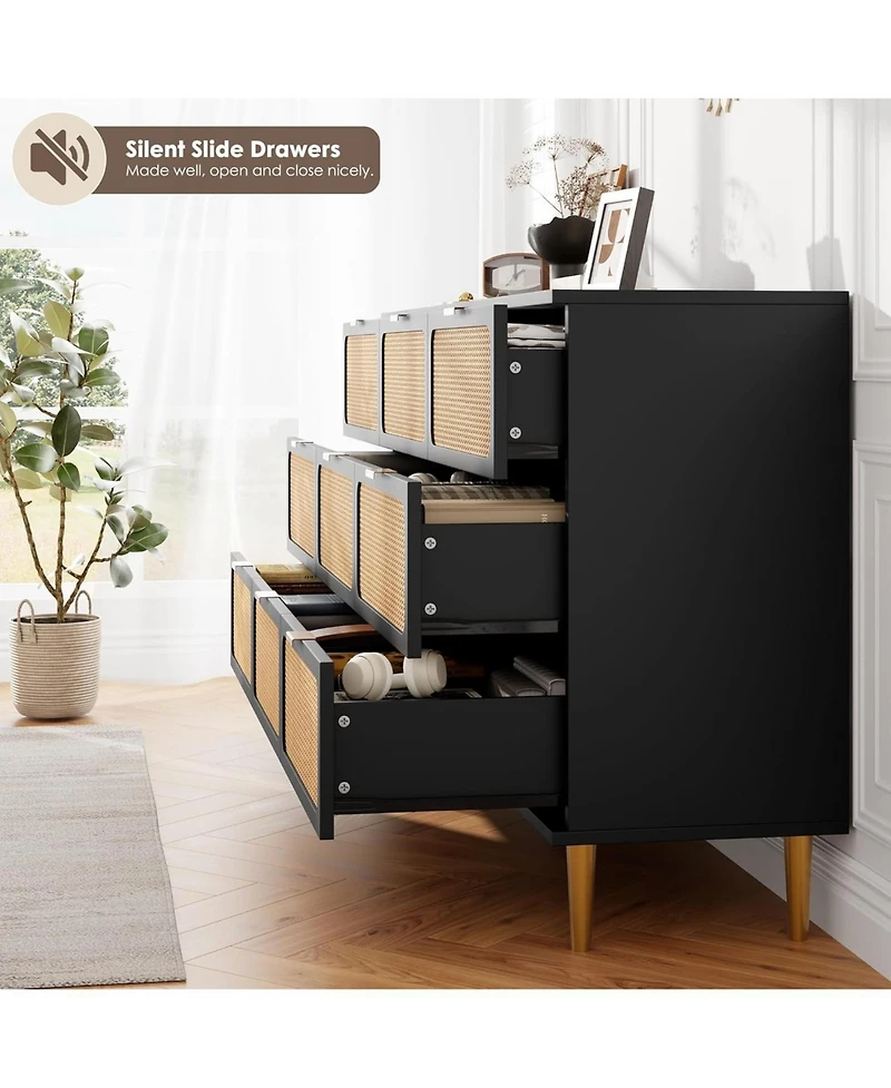 gaomon 9-Drawer Natural Rattan Bedroom Dresser, Tall Modern Chest with Deep Drawers