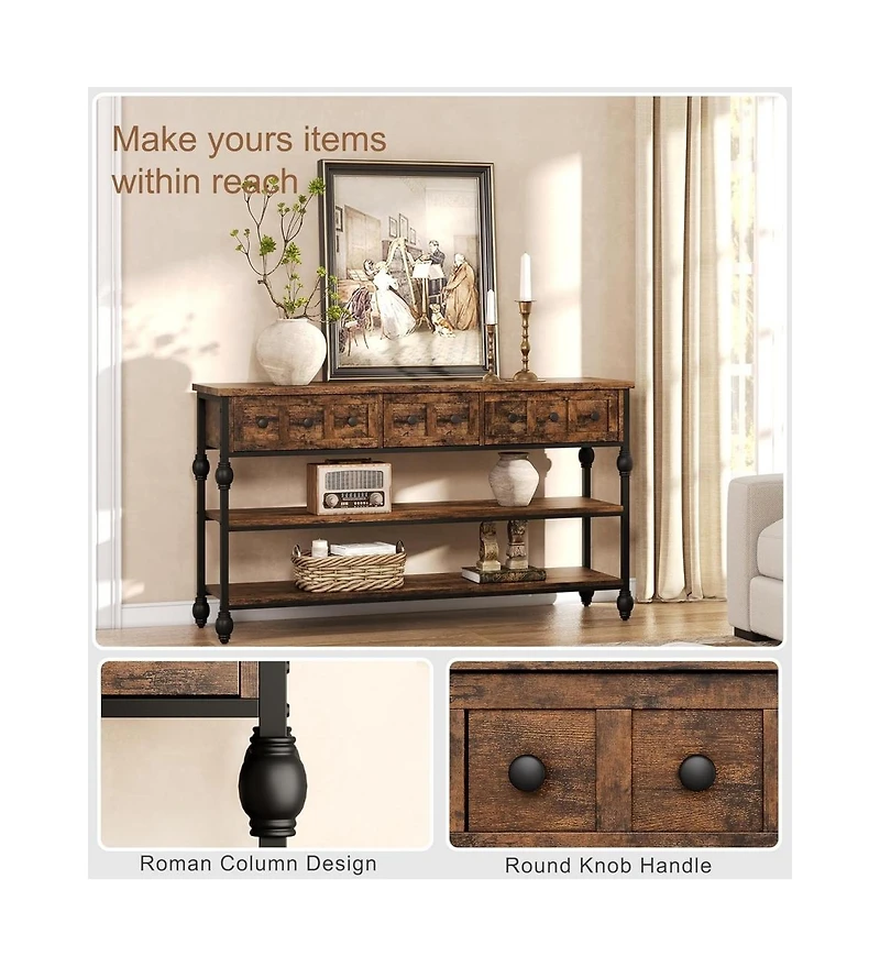 gaomon 52" Console Table Entryway with 3 Storage Drawers, 3-Tier dustrial Metal Sofa Behind Couch Table, Hallway forEntryway, B