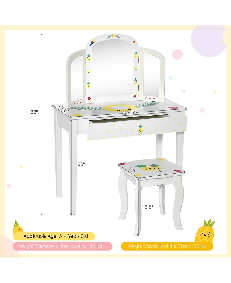 Gymax Kids Vanity Table Set Tri-Folding Mirror Pretend Play Dressing Large Drawer