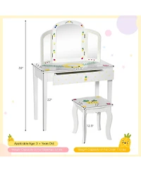 Gymax Kids Vanity Table Set Tri-Folding Mirror Pretend Play Dressing Large Drawer