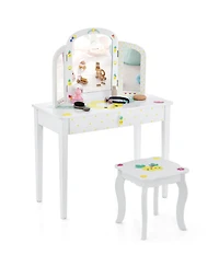Gymax Kids Vanity Table Set Tri-Folding Mirror Pretend Play Dressing Large Drawer