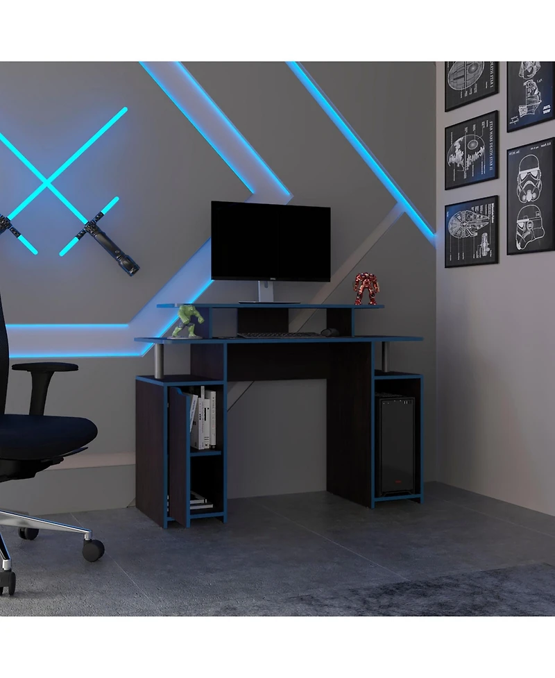 Flynama Wengue Gaming Desk with Blue Accents Six Shelves and Storage Door Compact Design for Organized Gaming Setups