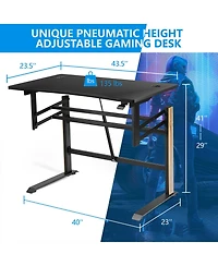 Gymax Pneumatic Height Adjustable Gaming Desk T Shaped Game Station w/Power Strip Tray