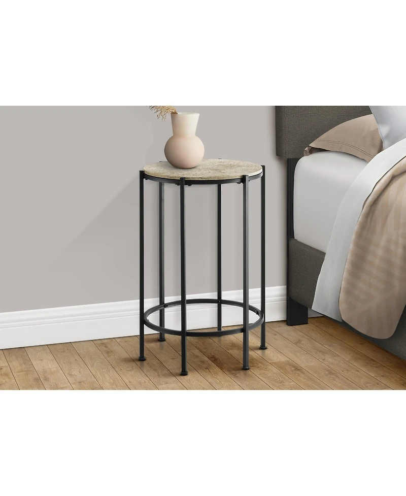 Lovmor Accent Table, End, Round, Side Table, Small, Lamp, Living Room, Bedroom, Nightstand, Cream Stone Laminate, Black Metal, Contemporary