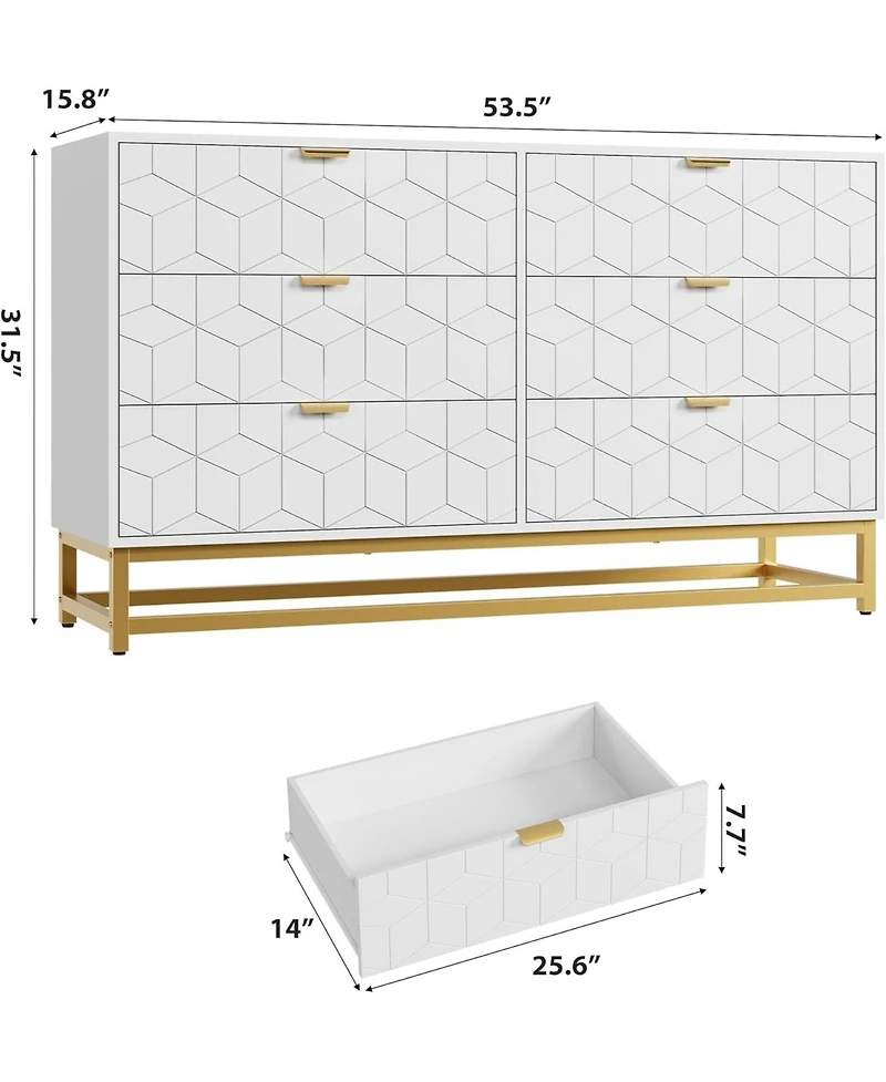 gaomon 53.5" Wide Modern 6 Drawer Dresser, Chest with Gold Metal Legs & Handles, Wood Storage Organizer for Bedroom, Living Room, Hallway