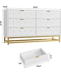 gaomon 53.5" Wide Modern 6 Drawer Dresser, Chest with Gold Metal Legs & Handles, Wood Storage Organizer for Bedroom, Living Room, Hallway