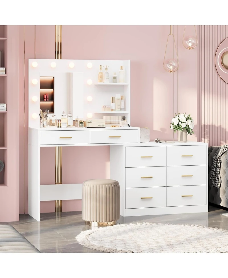 gaomon 61" Vanity Desk with Mirror and Lights, 8 Drawers & 2 Shelves, 3 Lighting Modes, Makeup Adjustable Brightness for Bedroom