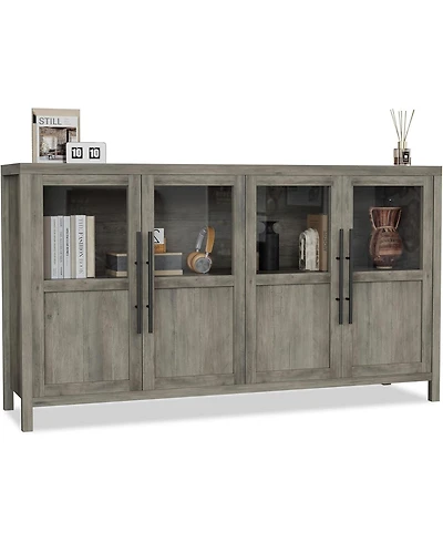 55" Sideboard Buffet Cabinet with 4 Glass Doors, Display Coffee Bar & Wine Storage, Modern Farmhouse Credenza for Dining Room, Kitchen, Living Ro