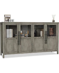 55" Sideboard Buffet Cabinet with 4 Glass Doors, Display Coffee Bar & Wine Storage, Modern Farmhouse Credenza for Dining Room, Kitchen, Living Ro