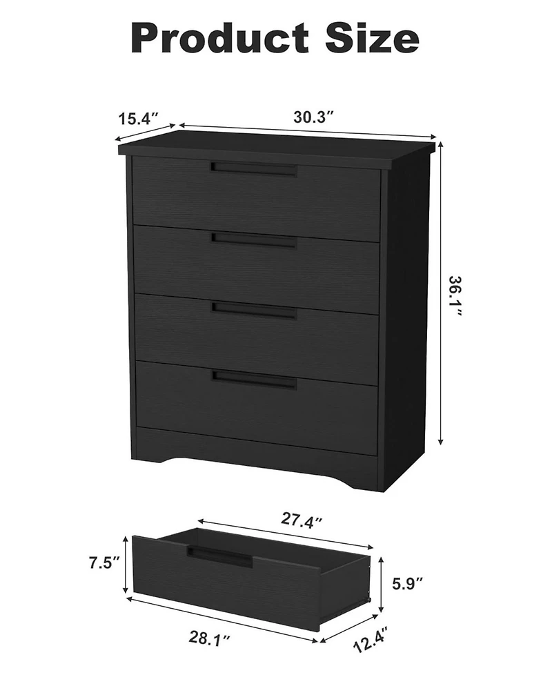 Gaomon Black Wooden Dresser Chest of Drawers Dresser with Embedded Handles Design and 4 Drawer Organizer