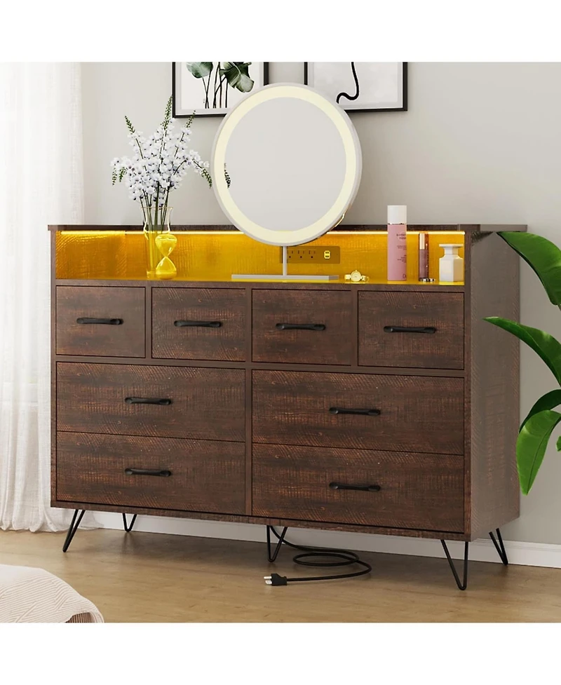 gaomon Wood Dresser with Power Outlet and Led Lights, 8 Drawer Dresser for Bedroom