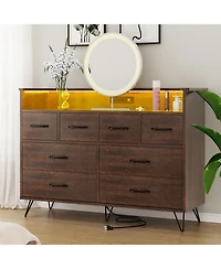 gaomon Wood Dresser with Power Outlet and Led Lights, 8 Drawer Dresser for Bedroom