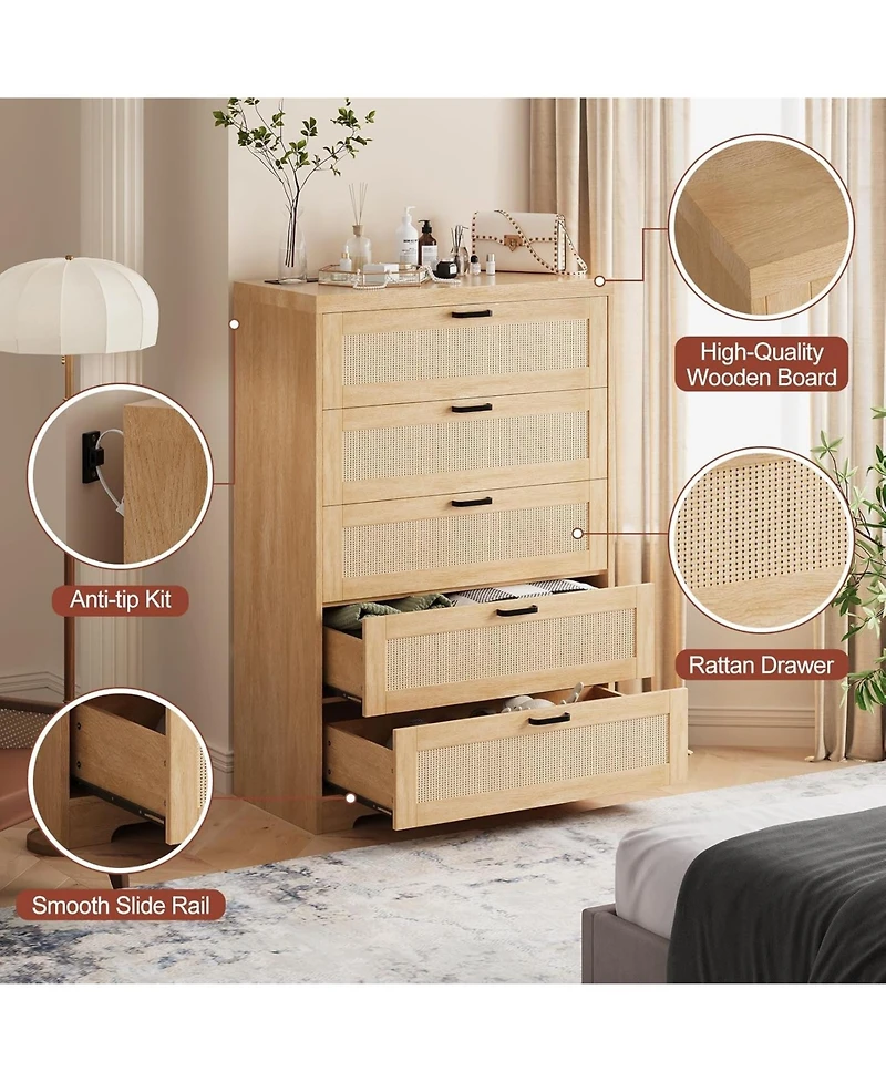 Gaomon Tall Rattan Dresser 5 Drawer Chest Modern Wooden Storage Cabinet with Wide Top for Bedroom Living Room Hallway Entryway