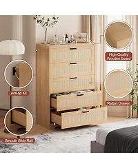 Gaomon Tall Rattan Dresser 5 Drawer Chest Modern Wooden Storage Cabinet with Wide Top for Bedroom Living Room Hallway Entryway