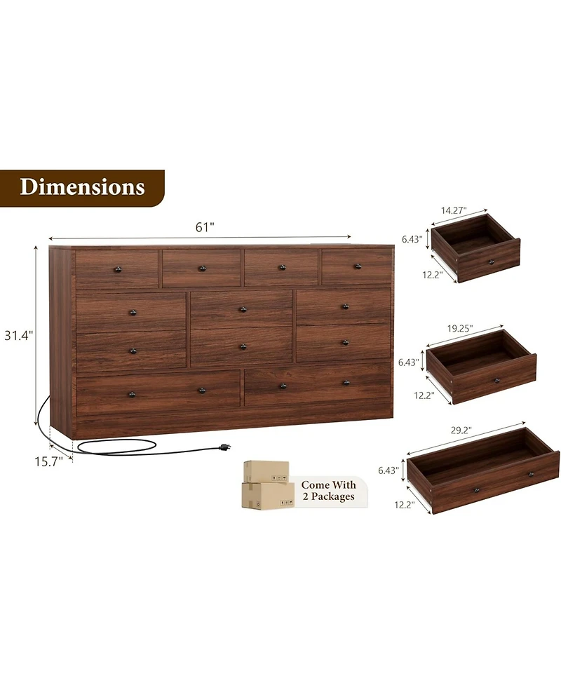 gaomon 12 Drawer Dresser for Bedroom, 61 Inch Wood Dresser with Power Outlet
