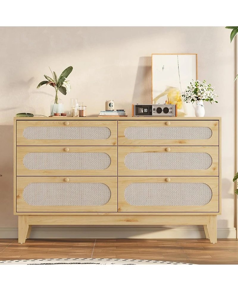 Gaomon Coffee Brown Rattan 6-Drawer Dresser, Oak Storage Cabinet for Entryway, Bedroom, Living Room & Hallway
