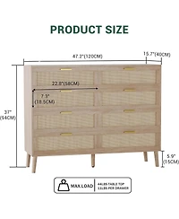 gaomon 8 Drawer Oak Dresser for Bedroom, Natural Rattan Chest with Gold Handles, Slim Wood Cabinet for Entryway or Living Room