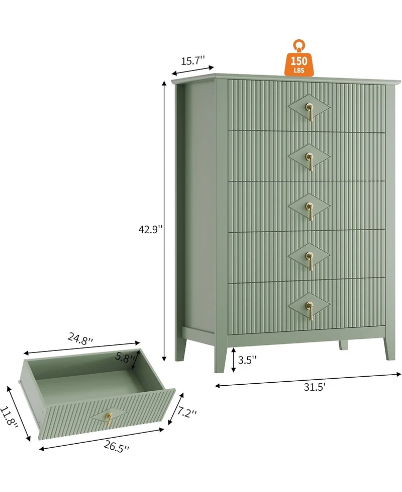 gaomon Fluted Dresser for Bedroom 43" Tall, 5-Drawer Modern Wood Chest, Space-Saving Storage Cabinet Living Room, Hallway, or Entryway