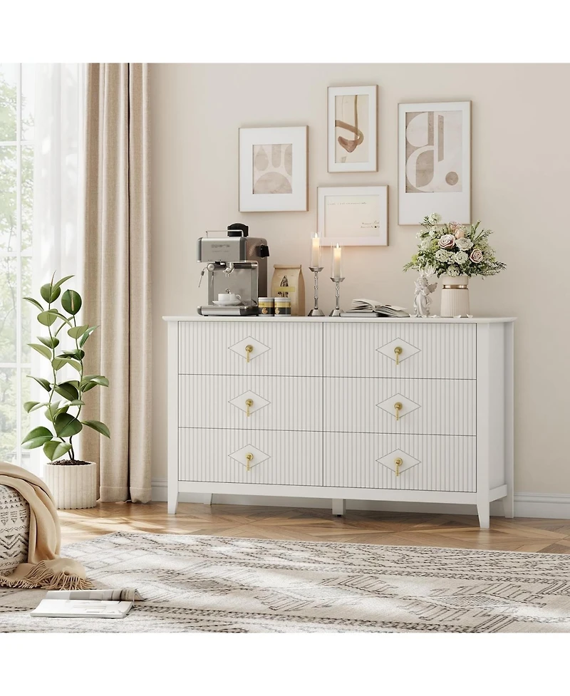 gaomon 54" Wide Fluted 6-Drawer Modern Wood Dresser for Bedroom with Large Storage Organizer Cabinet