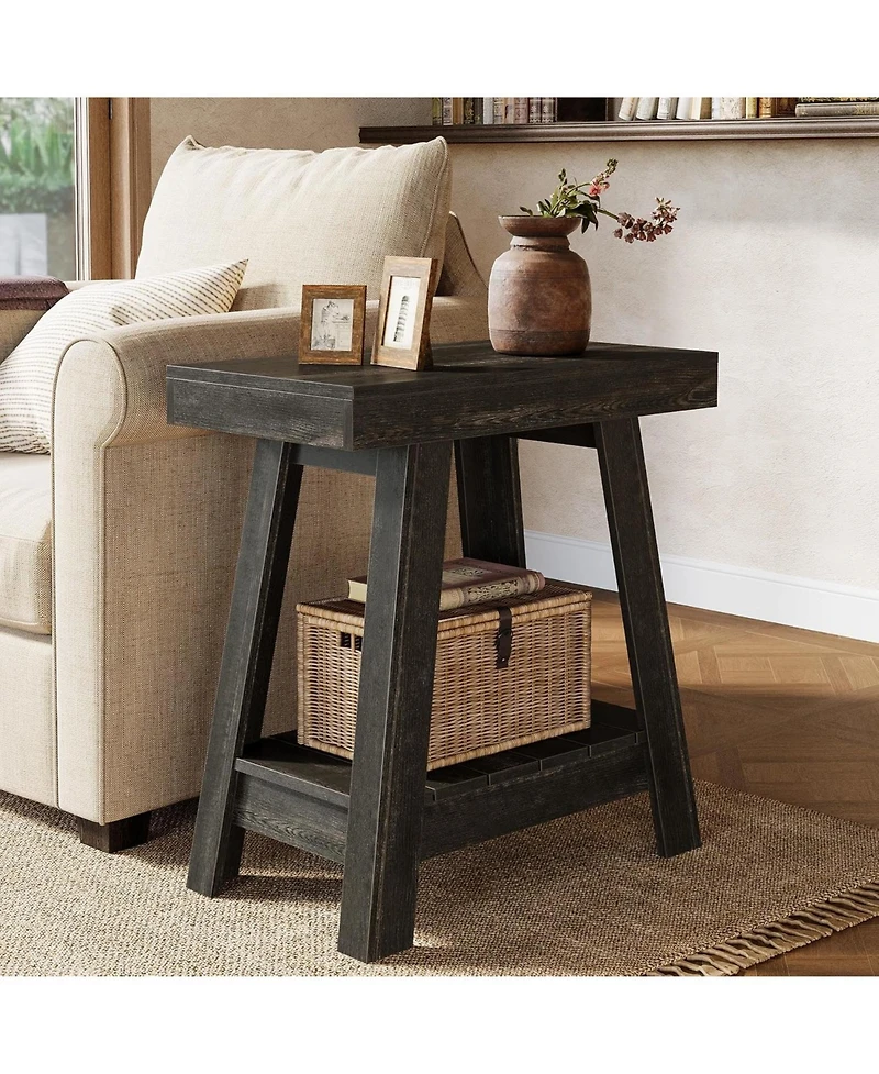 Tribesigns 2-Tier Wooden End Table, Farmhouse Small Sofa Side Table with Storage, Rustic Grey