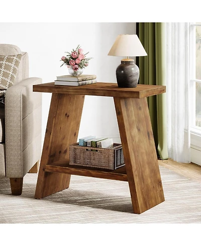 Tribesigns Solid Wood End Table for Living Room, Narrow Small Side Table with 2-Tier Storage