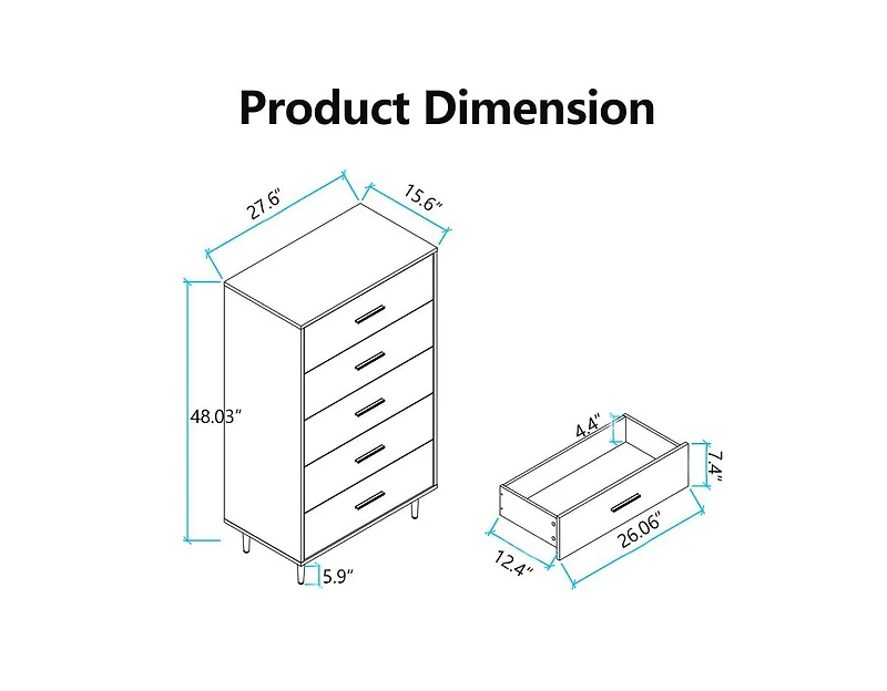 gaomon 5 Drawer Dresser, Tall Narrow Chest of Drawers