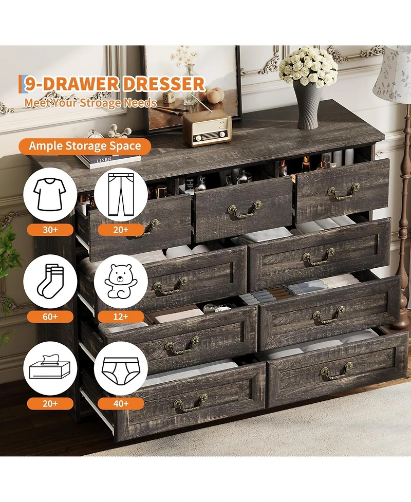 Gaomon 9-Drawer Wooden Rustic Vintage Dark Grey Dresser with Natural Texture and Spacious